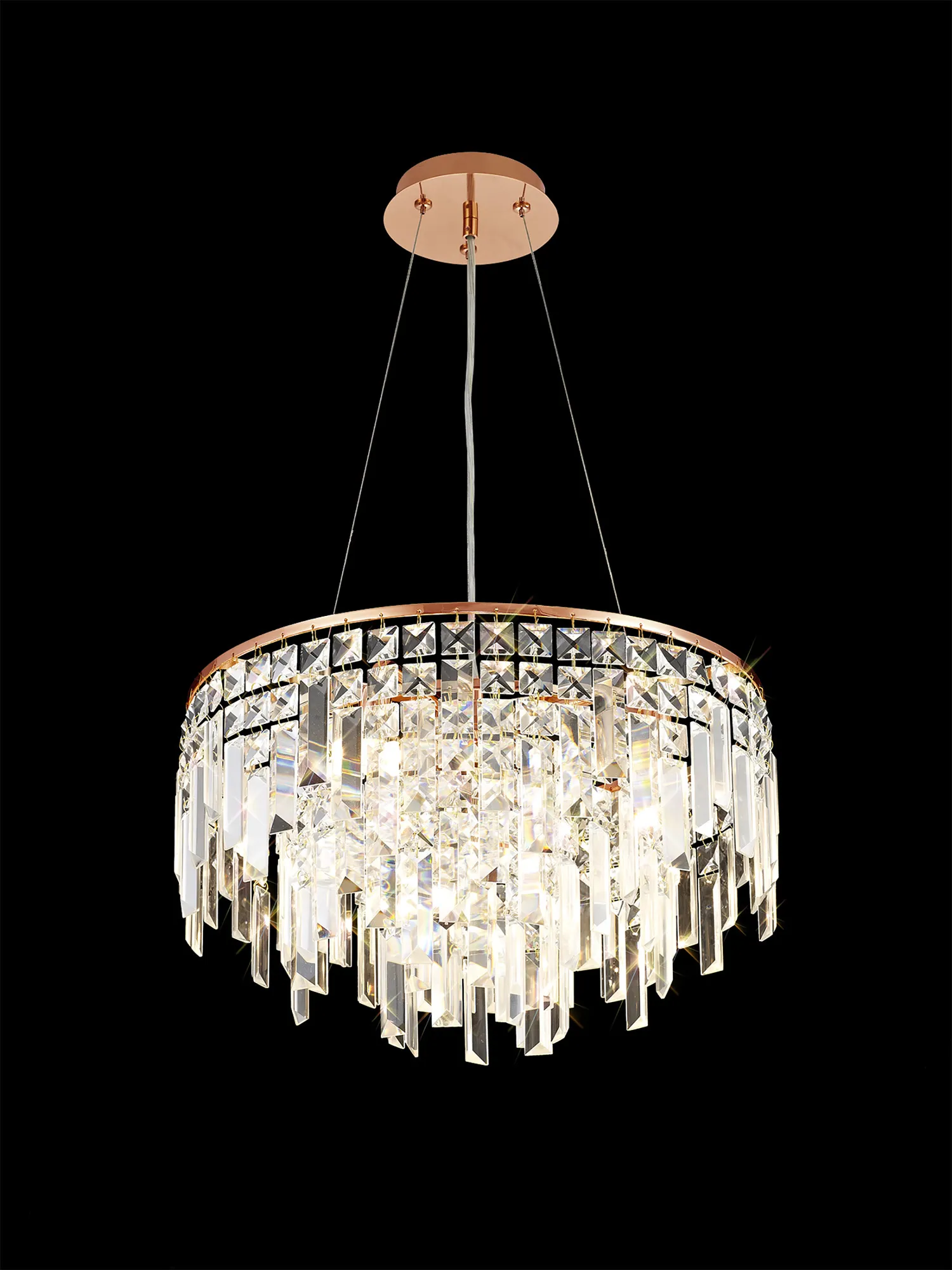 Maddison Rose Gold Crystal Ceiling Lights Diyas Ringed & Square Crystal Fittings